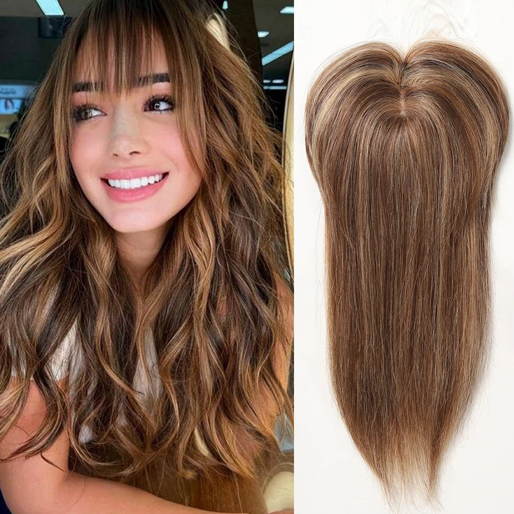 

12inch Human Hair Toppers for Women Thinning Hair Balayage Brown 100% Remy Topper with Bangs Silk Base Clip in Topper Daily Use