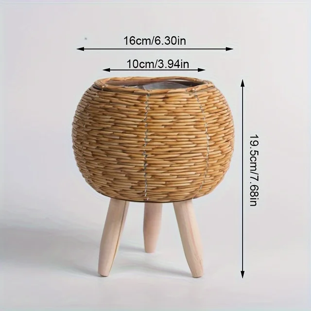 Charming Rustic Rattan Planter With Wooden Legs - Versatile Woven Storage Basket For Indoor/Outdoor Plants & Decor 2