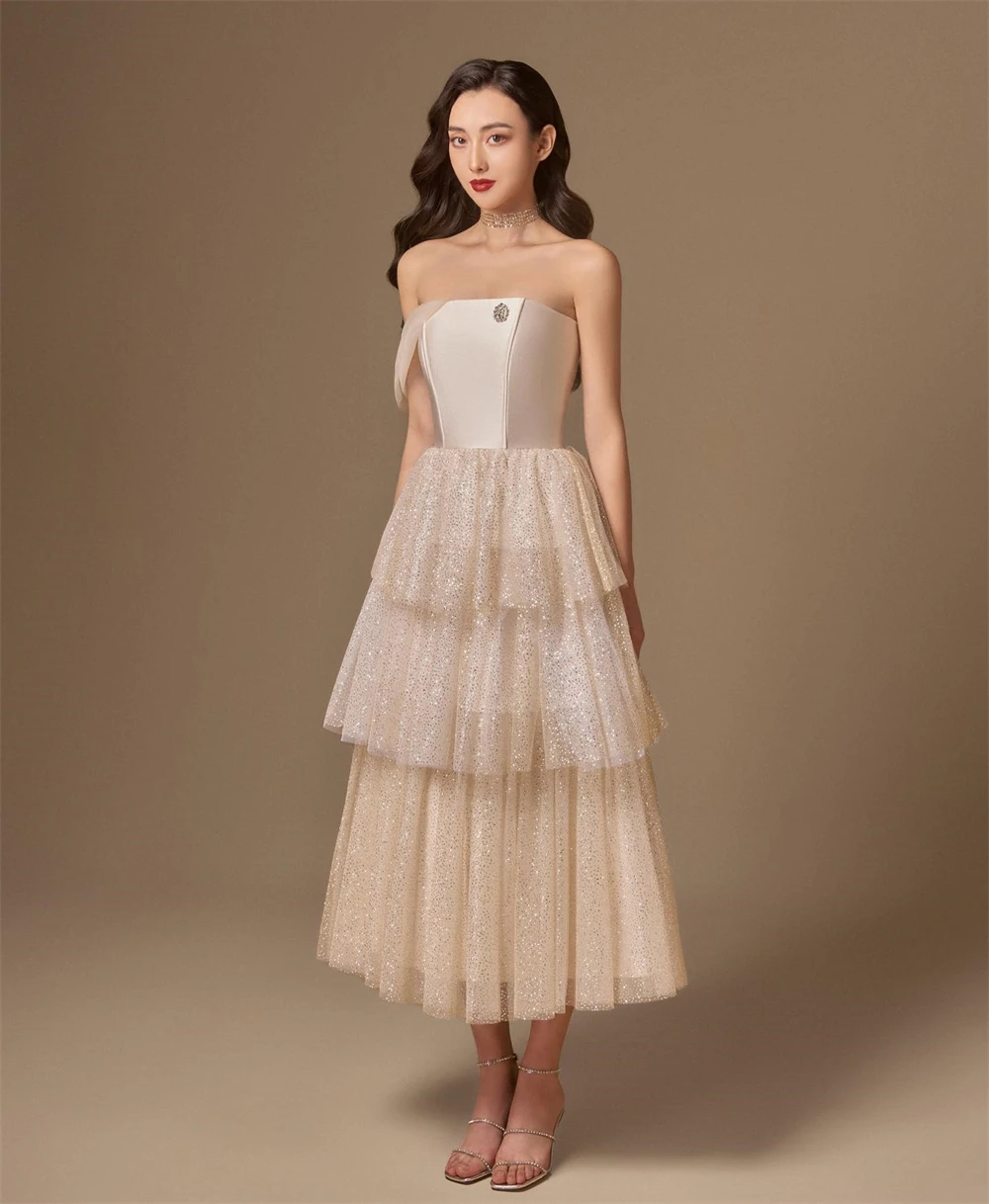 

Prom Dress Yipeisha Simple Modern Style Formal Evening Strapless A-line Appliques Tiered Organza Bespoke Occasion Dresses