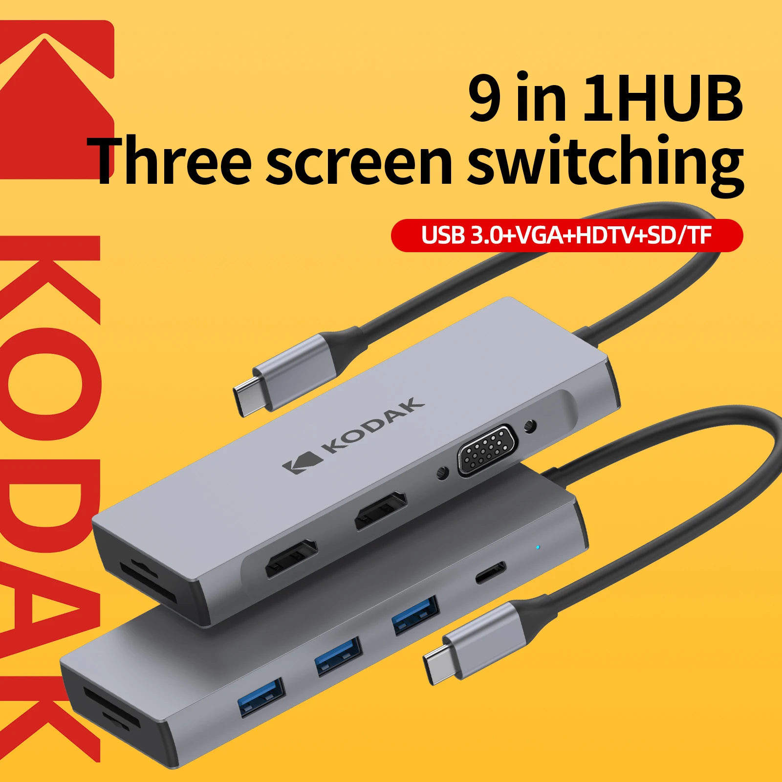 KODAK 9 In 1 USB C HUB 4K 30Hz to HDMI PD Multi Splitter Type-C Adapter For Macbook USB 3.0 HUB SD Card Reader Multi Converter