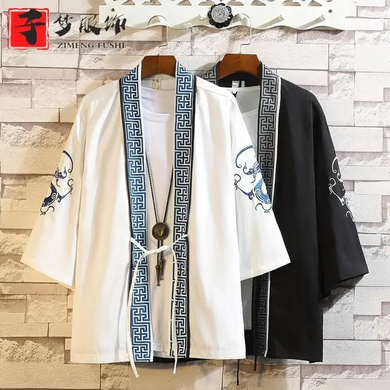 중국 남성 Hanfu 일본 기모노 카디건 자켓 고대 스타일 우키요에 고대 의상 ..