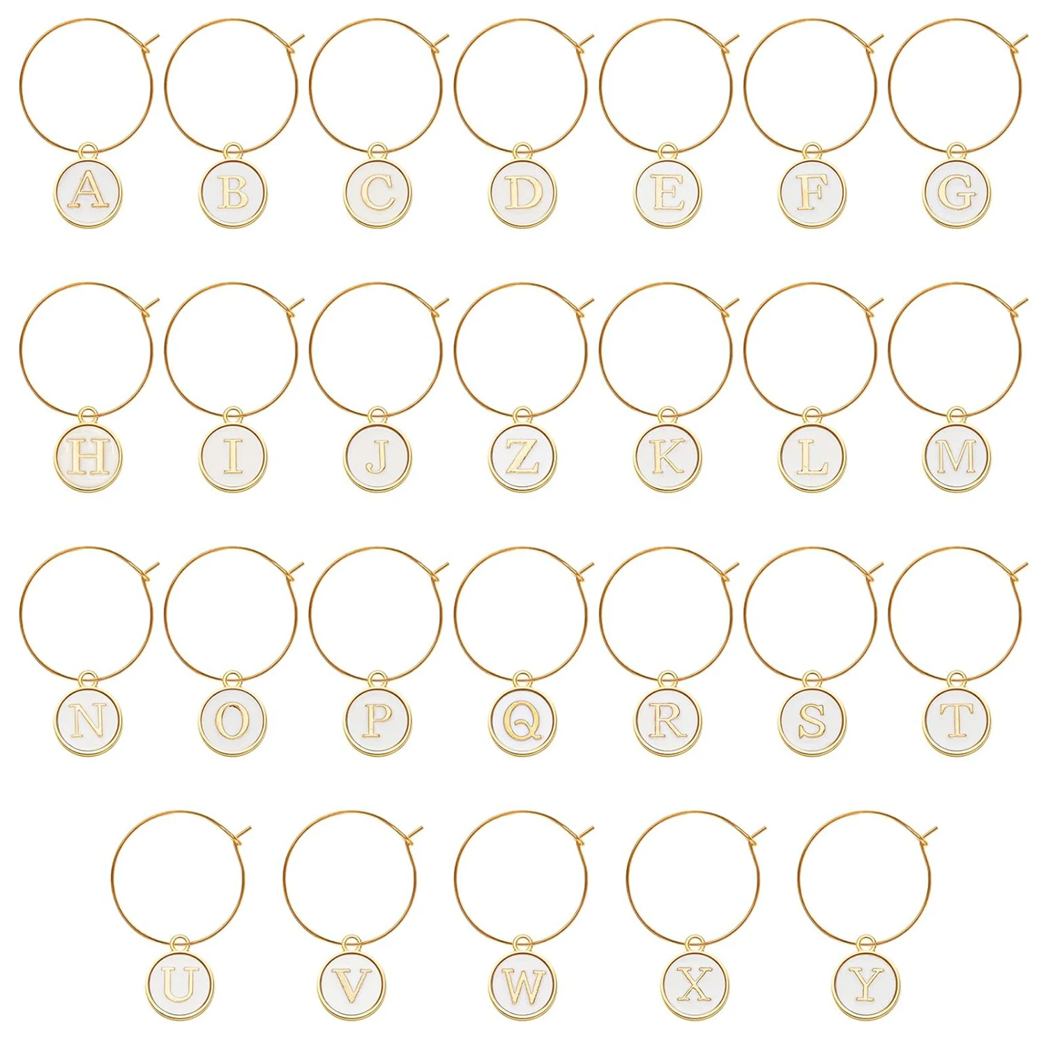 Elegant Wine Glass Charms Set – 26-Piece Collection with Letter Tags and Decorative Rings