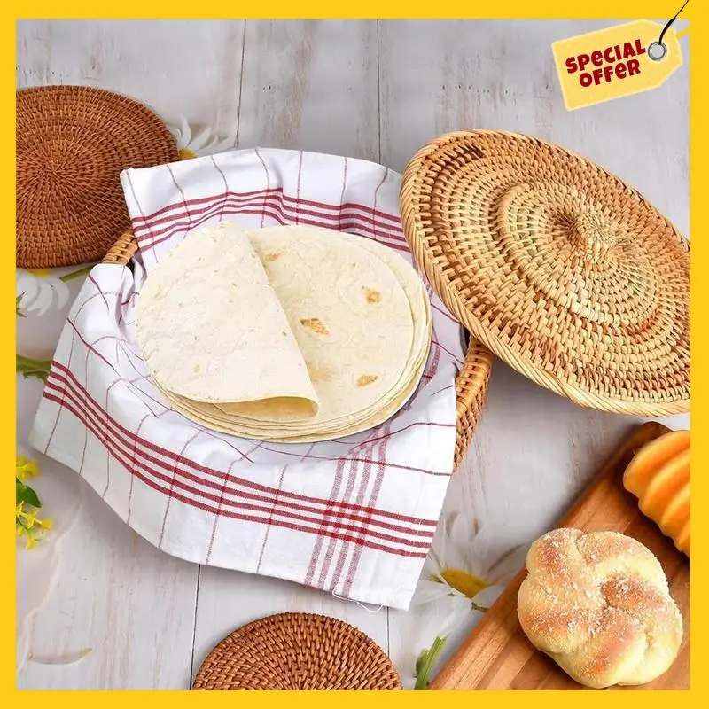 A96K-Round Rattan Boxes With Lid Hand-Woven Multi-Purpose Wicker Tray 10.2Inch Picnic Food Bread Table Storage Basket 5