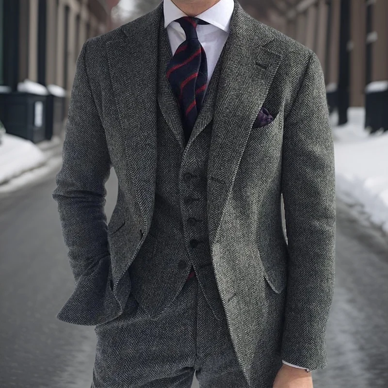 Mens suit gray wool tweed suits for men winter wedding formal groom tuxedo 3 Pcs herringbone male fashion set (jacket vest pants)