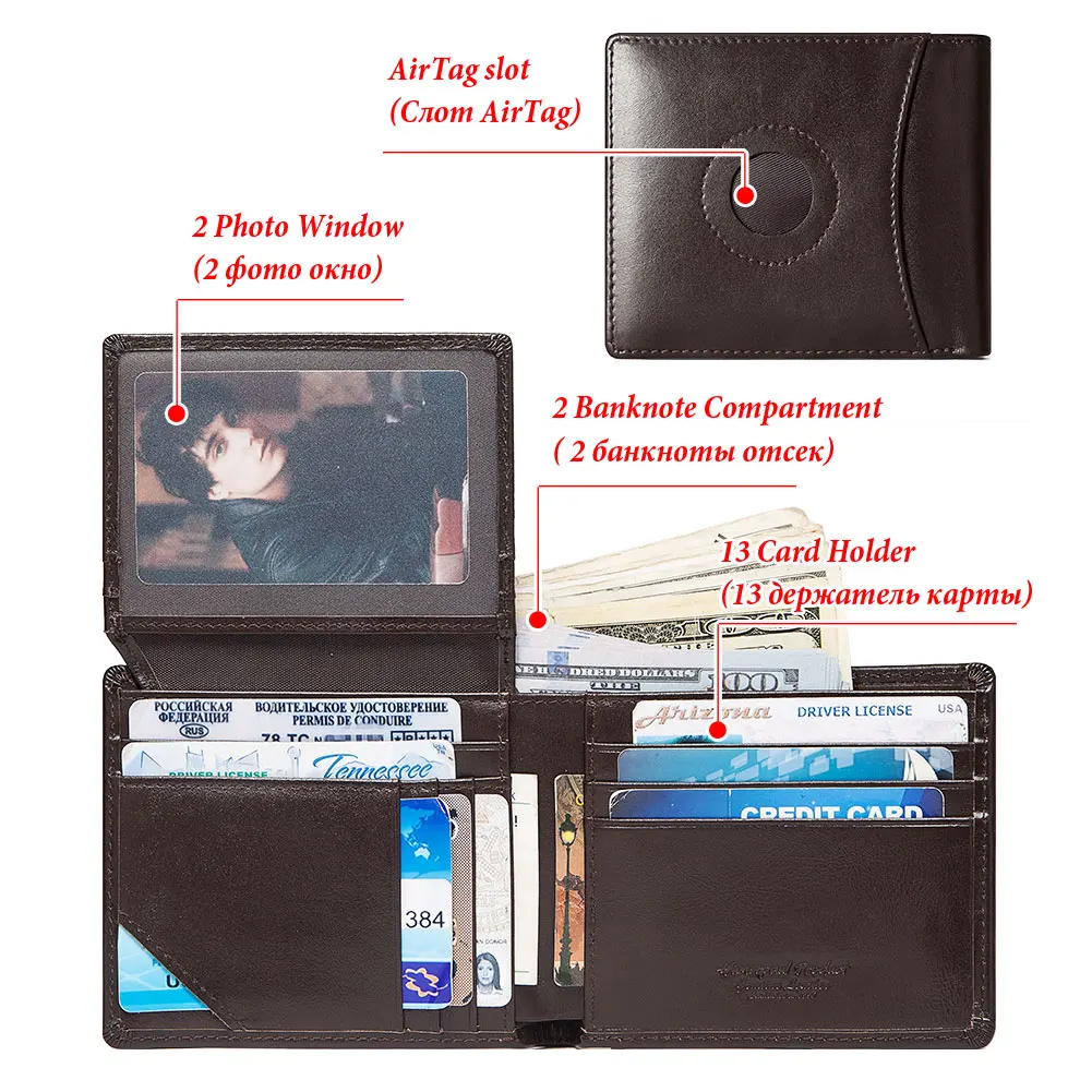 Leather Wallet HUMERPAUL Airtag Wallet For Men Real Leather RFID Trifold Card Holder Case with ID Window Slim Anti-lost