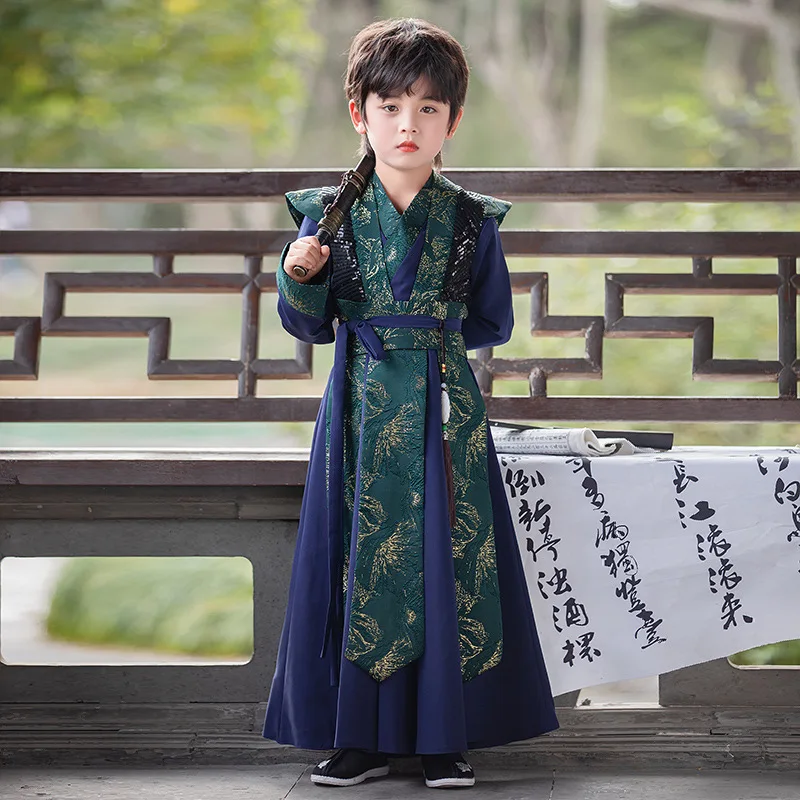 Traditional Children's Long-sleeved Ancient Clothing Spring Traditional Embroidery Hanfu Boy Cosplay Outfit Handsome Tang Suit fairy ancient traditional hanfu outfit blue costume women hanfu embroidery tang suit folk dress princess national clothing