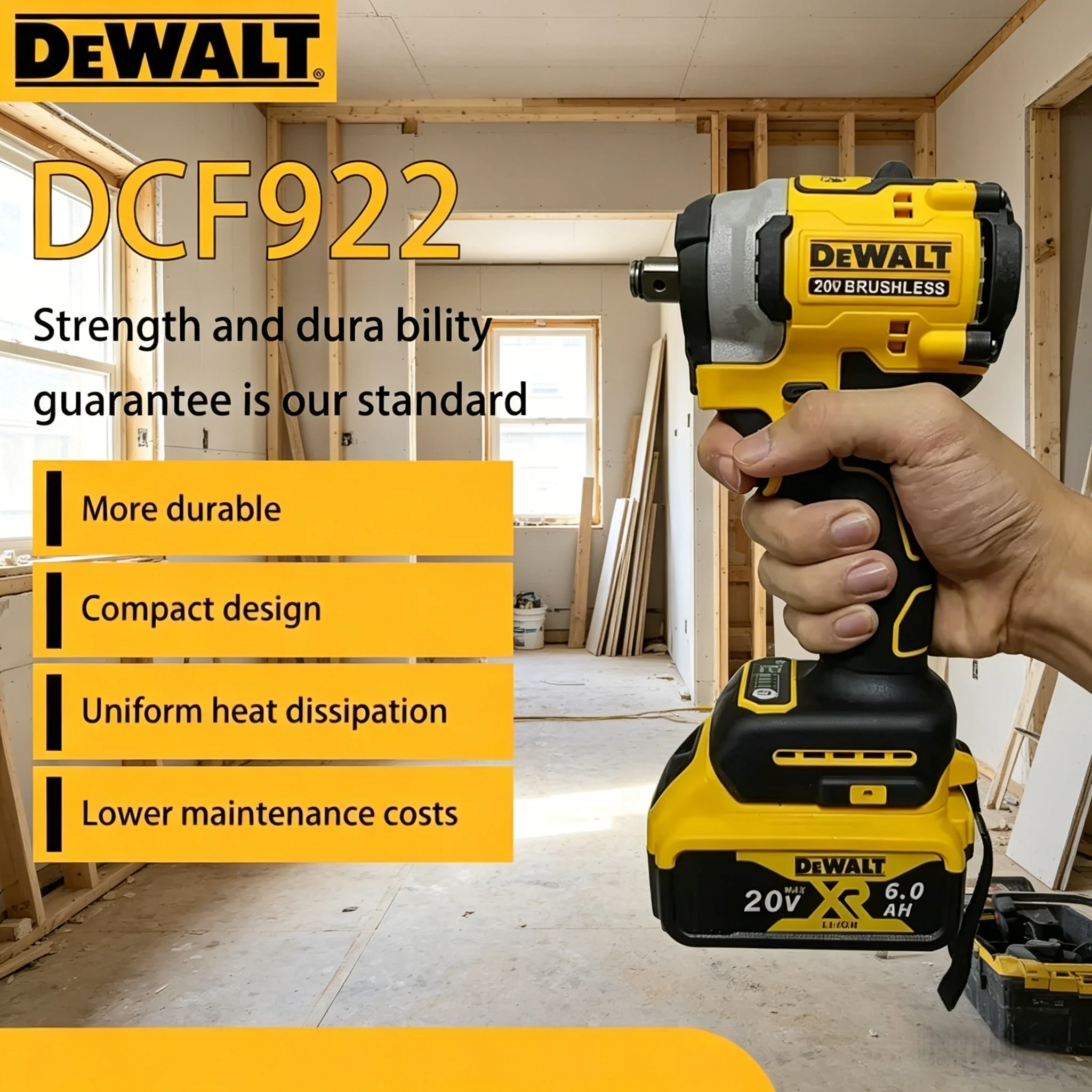 디월트 DCF922 20V ATOMIC MAX 1/2인치 무선 임팩트 렌치 가변 속도 전동 렌치 (디텐트 핀 앤빌 포함) 본체만