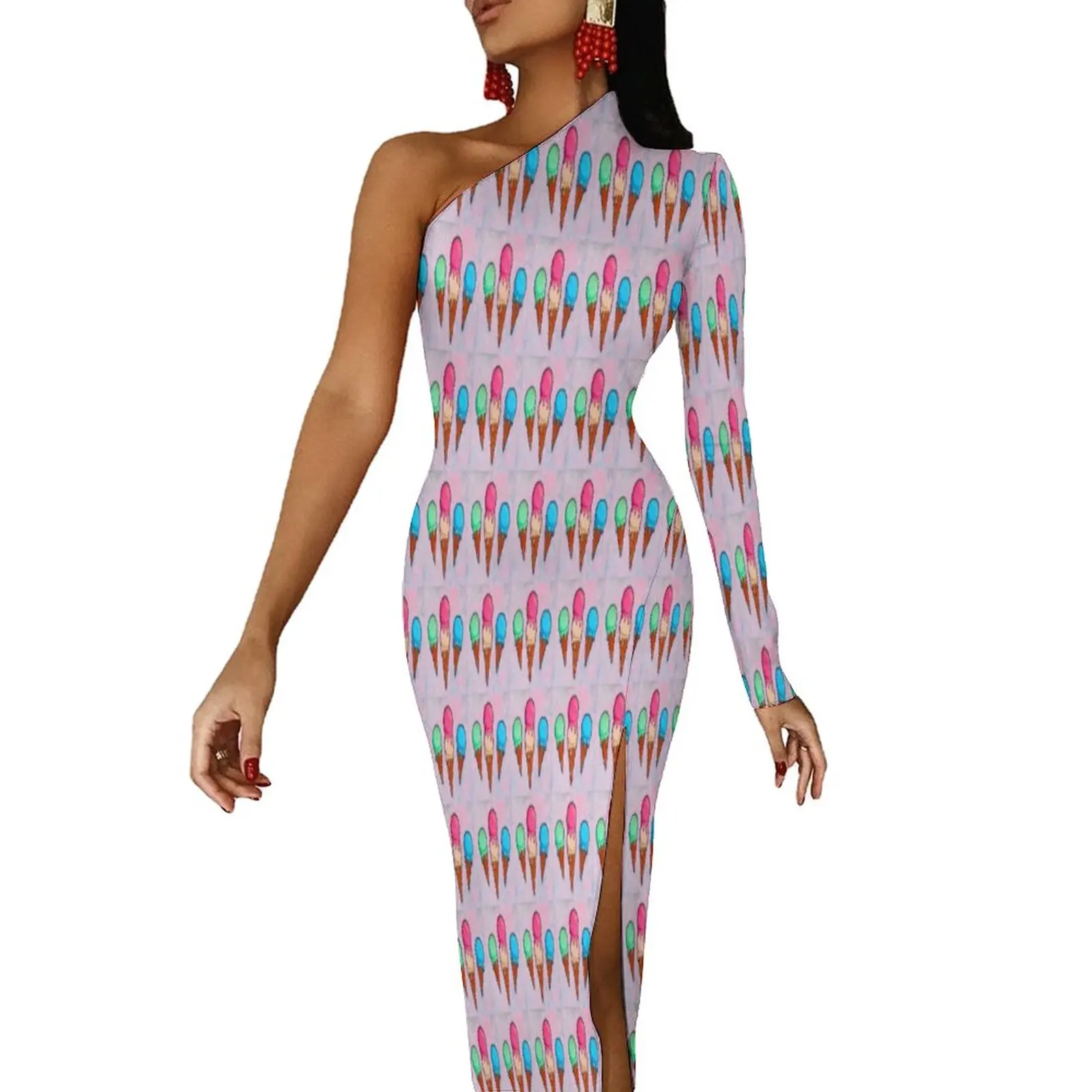 

Ice Cream Cones High Slit Bodycon Dress Woman Colorful Cartoon Print Modern Maxi Dress Autumn Long Sleeve Aesthetic Dresses Gift