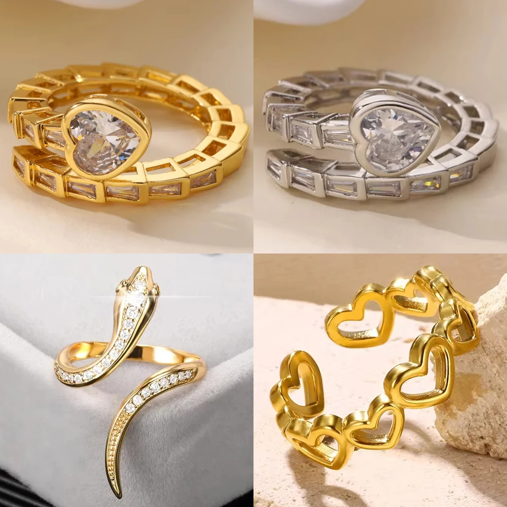 Eleganti anelli a forma di cuore con zirconi cubici per donna, anello in acciaio inossidabile, gioielli di lusso alla moda a forma di serpente per coppie, anelli Kpop_voghion.com