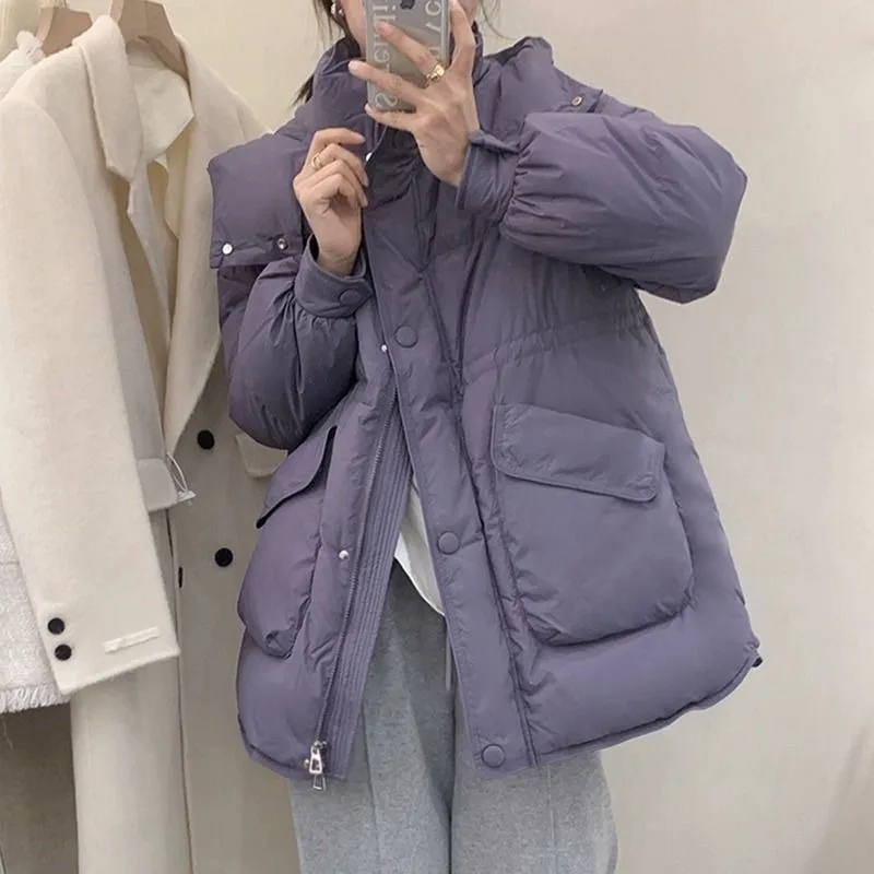 

2023 New Women Down Jacket Winter Coat Female Waisted Parkas Big Pocket Hooded Warm Outwear Thickened Loose Overcoat
