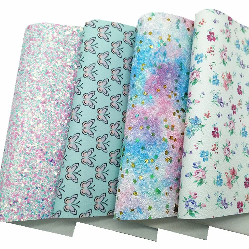 Blue Chunky Glitter Leather Butterflies Flowers Printed Glitter Fabric Synthetic Leather Vinyl Sheets For Bows DIY 21x29CM Q817