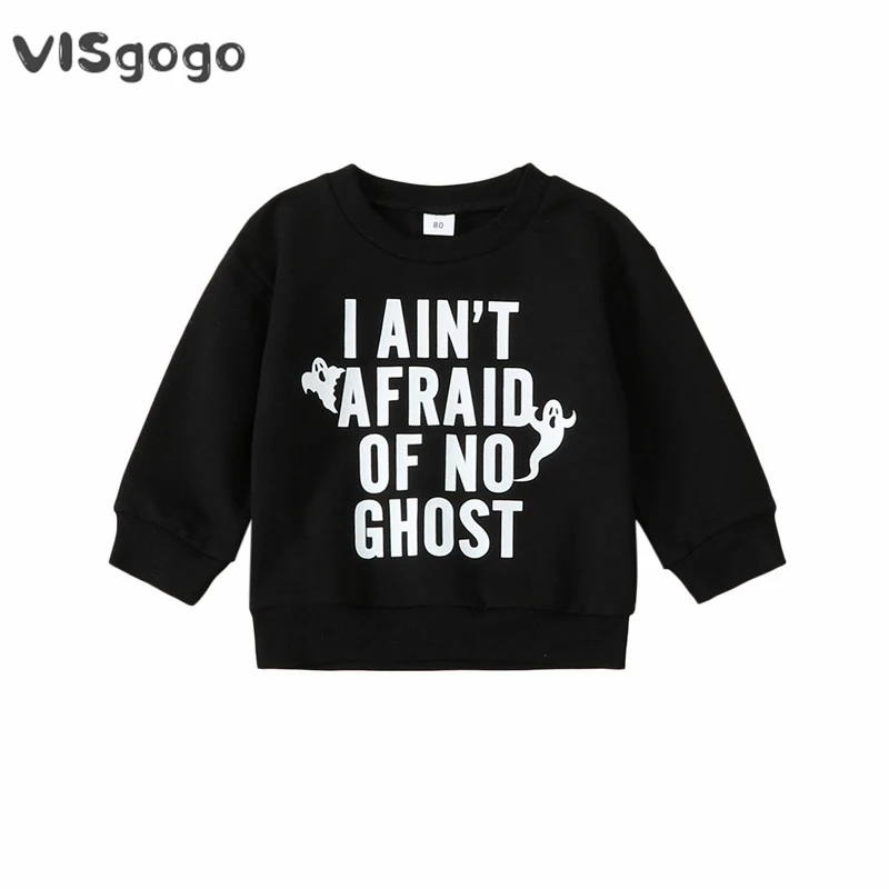 

VISgogo Toddler Boys Sweatshirts Kids Halloween Clothes Black Long Sleeve Letter Print Pullover Crew Neck Tops Casual Outift