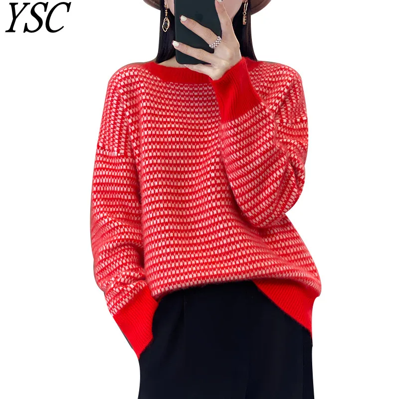 

YSC 2024 New Women's Knitting Cashmere sweaters round neck Checkered style high-quality Thickened Loose&warm pullover