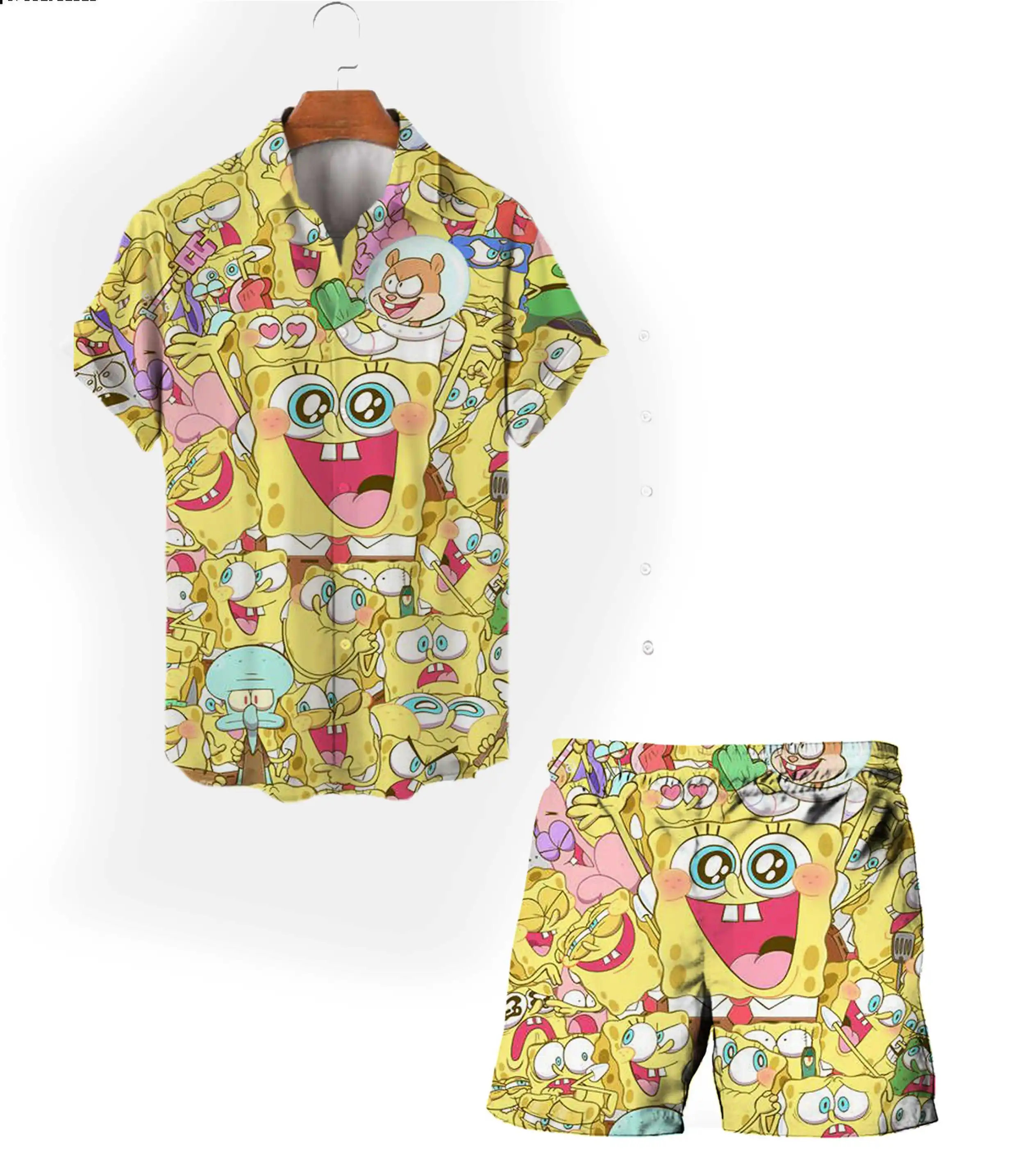 Summer Spongebob Cartoon 2024 Harajuku New Beach Short Sleeve Shirt Suit Street Style Fashion Casual Men's Suit