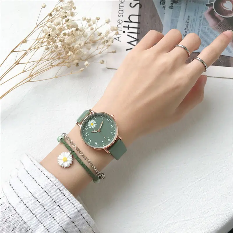 Harajuku Style Daisy Children's Watch Simple Quartz Leather Green Pink Watches for Girls with Bracelet Watch Box Gift Reloj 2