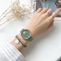 Harajuku Style Daisy Children's Watch Simple Quartz Leather Green Pink Watches for Girls with Bracelet Watch Box Gift Reloj 2