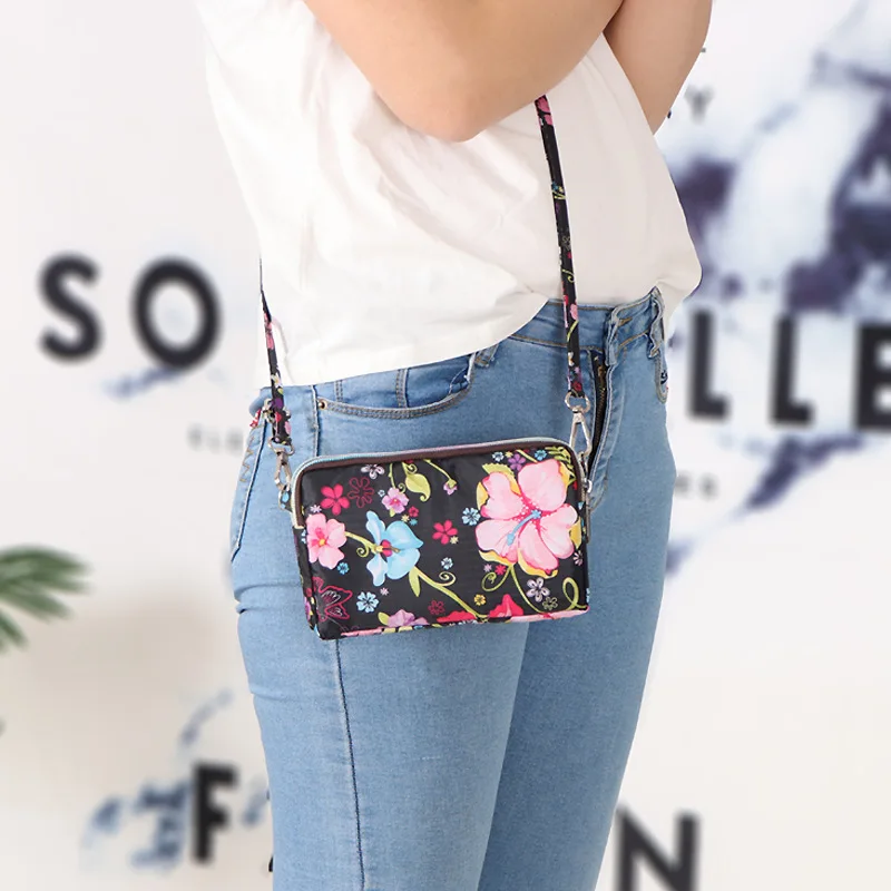 1PC Womens Printing 3 Layer Canvas Phone Bag Messenger Shoulder Bag Zipper Coin Card Key Purse for Women's Bank Card Holder Pack 