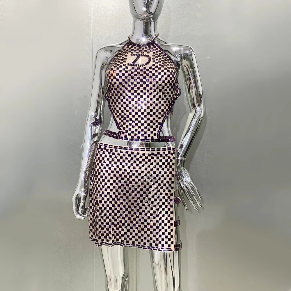 

Shinning Crystals Purple Sexy Mesh See Through Mini Bodycon Two-Pieces Women Birthday Party Celebrate Performance Costume Suit