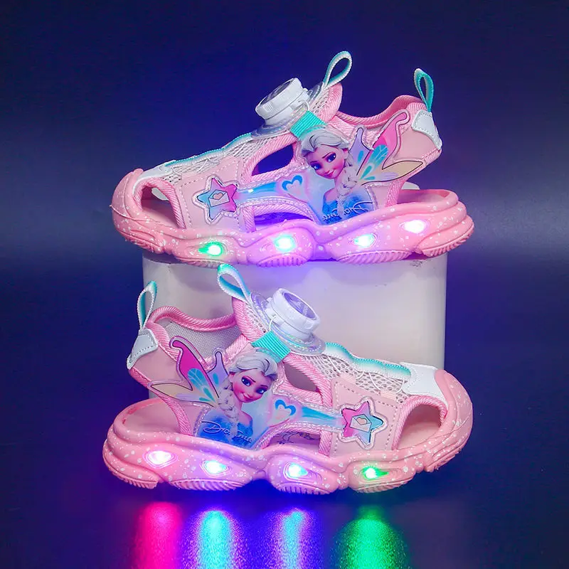 

Disney cartoon led girls sandals with light summer new rotary button princess elsa frozen soft soled children's sandals