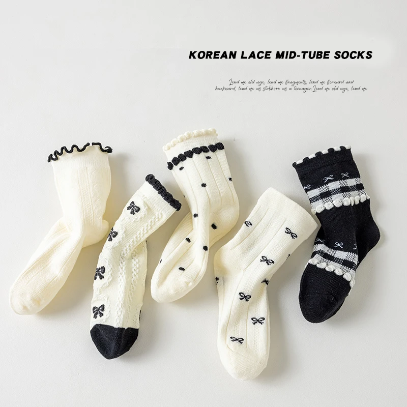 Trendy Cotton Solid Children Girls Lace Socks 5 Pairs Bow Ties Soft Breathable Striped Non-slip Half Princess Socks for Girls