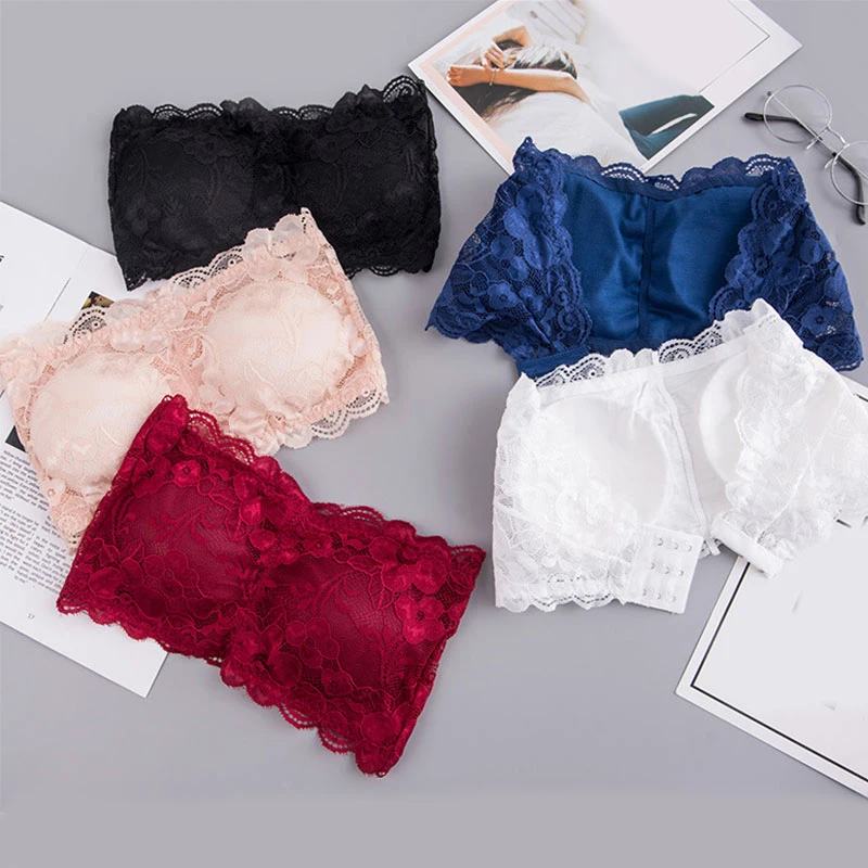 2021 Female Summer Crop Tank Top Women Fashion Deep V Lace Bras Embroidery Floral Tank Top Bra Wrapped Chest Camisole Padded Bra