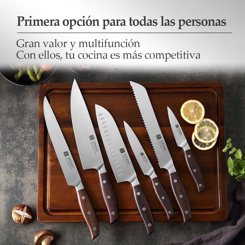 Juego de cuchillos de cocina con bloque: 8 cuchillos alemanes de acero  inoxidable 1.4116 de alto carbono, mango ergonómico de sándalo con diseño