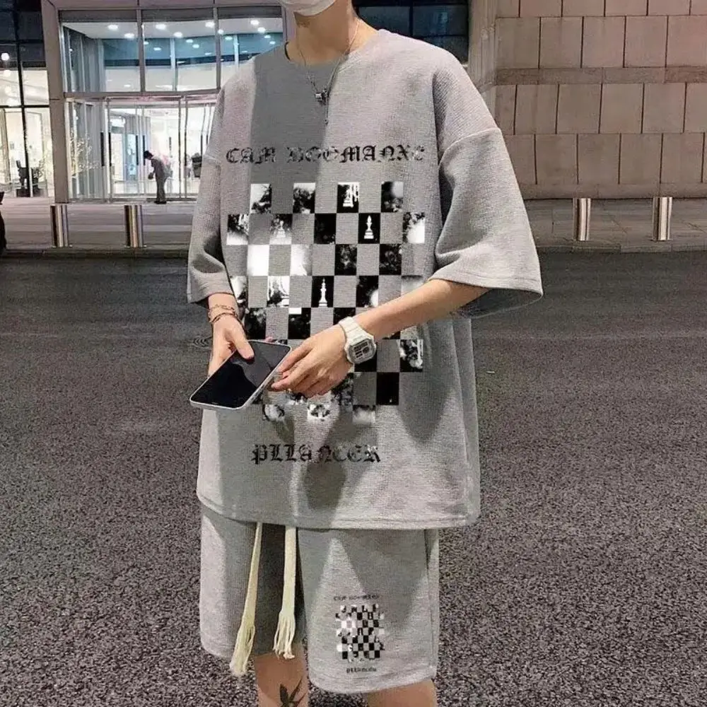 Short Sleeve T-shirt Streetwear Set Short Sleeve Casual Korean Men Oversize Tees Print Loose O-neck Men Harajuku