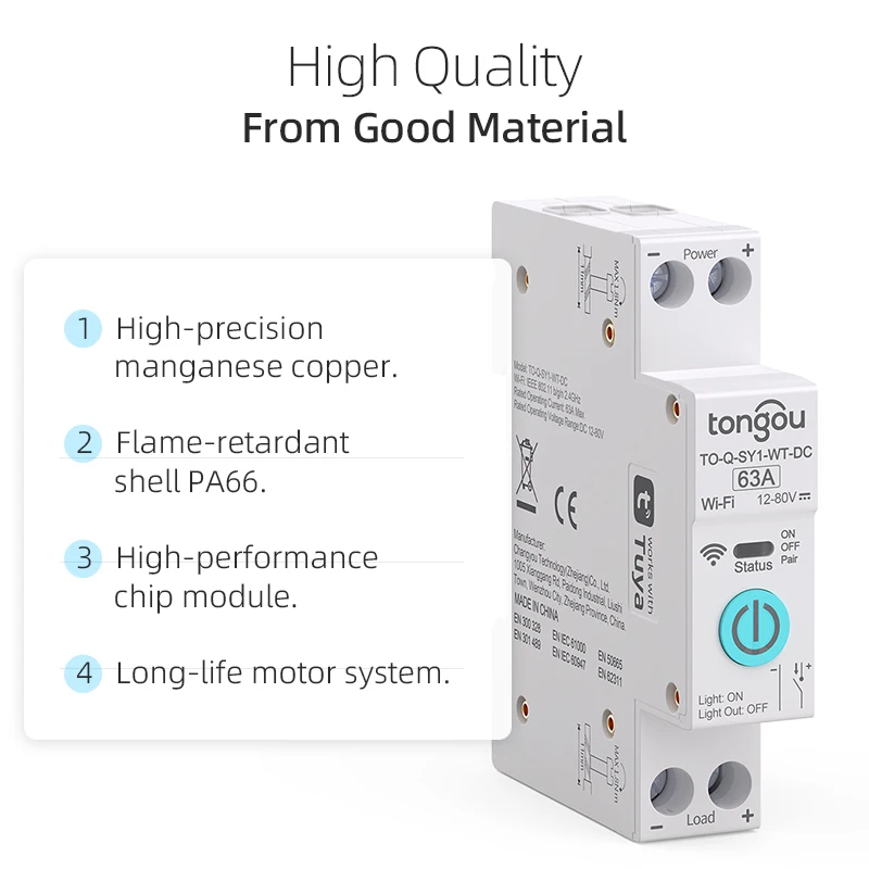 TUYA DC WIFI Smart Circuit Breaker 1P 63A DIN Rail for Smart Home wireless Remote Control Switch by APP TONGOU