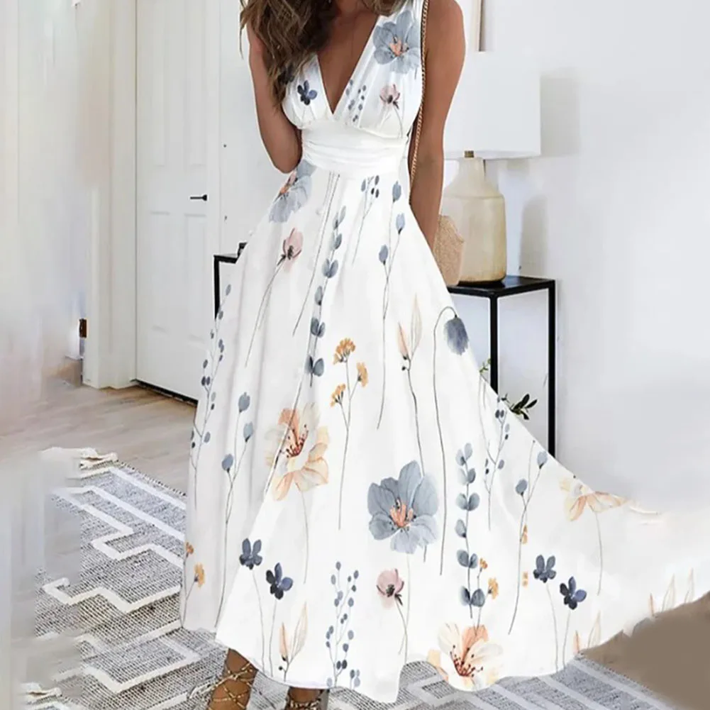 

Bohemian Print Dress Women's Summer Sundress Fashion Sexy V Neck Sleeveless Maxi Vestidos Female Floral Robe Femme