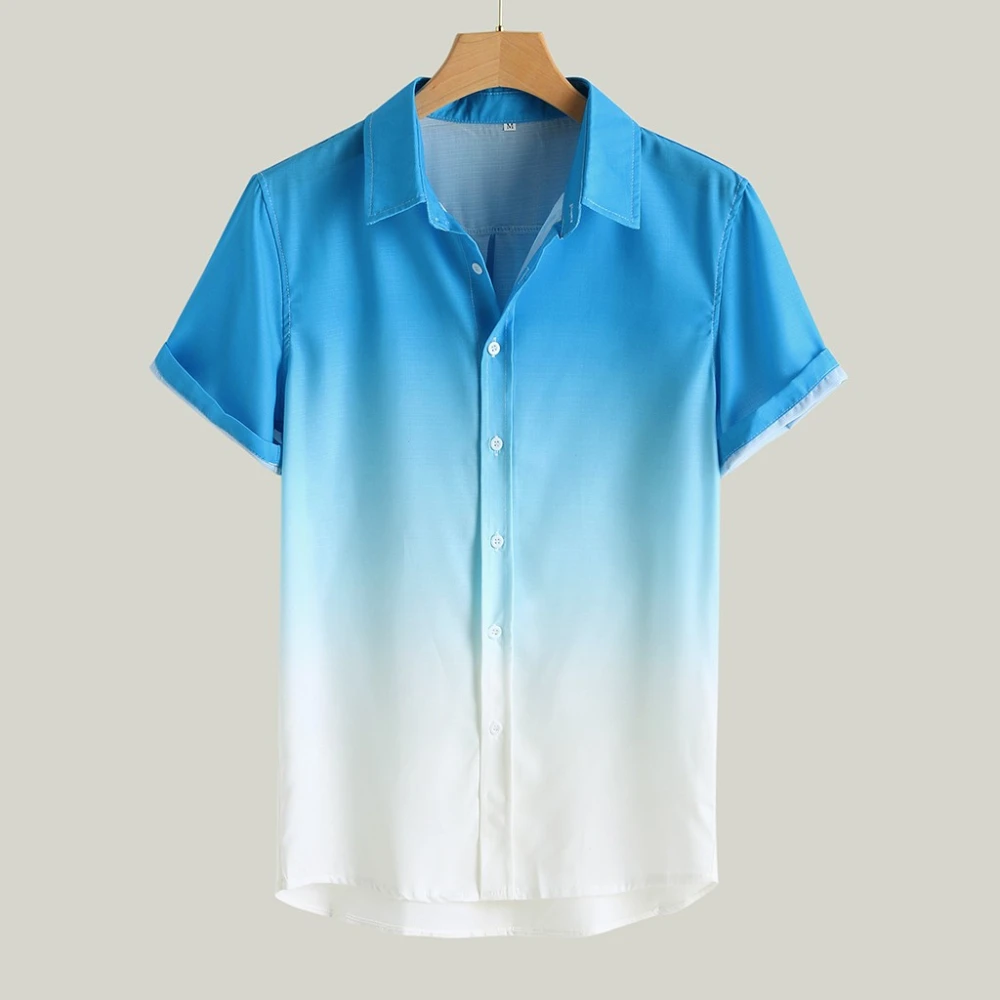 

2022 Summer Men's Short Sleeve Hawaiian Shirt Casual Gradient Color Cotton Linen Thin Collar Breathable Cool Shirt