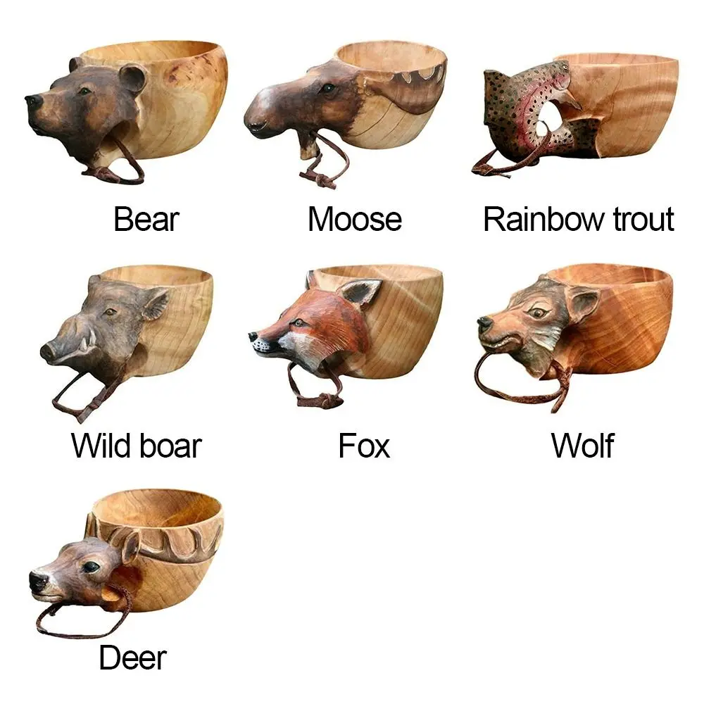 1PC Animal Shape Hand Carved Cup Wooden Mug Camping Coffee Cup Gear