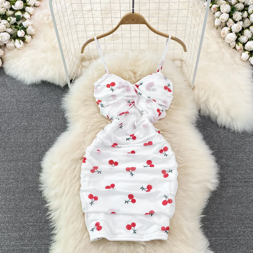 

2022 Summer French Floral Suspender Dress Pleated Tight and Thin Short Sleeveless Hip Dress
