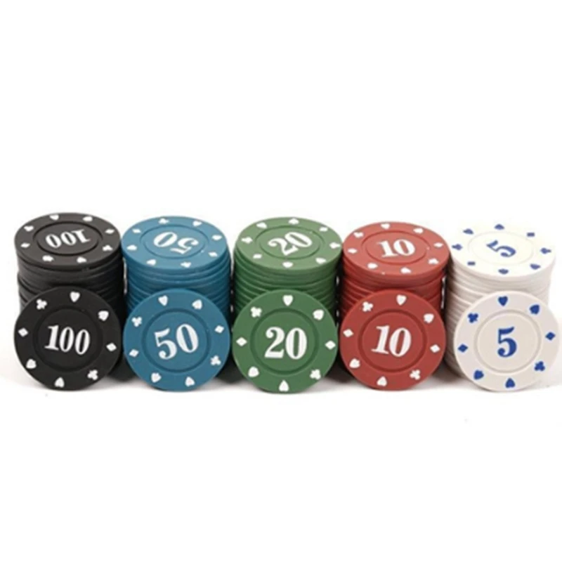 100 Pcs Plastic Game Coins Poker Chips with Storage Box Denominations Printed Casino Card Game