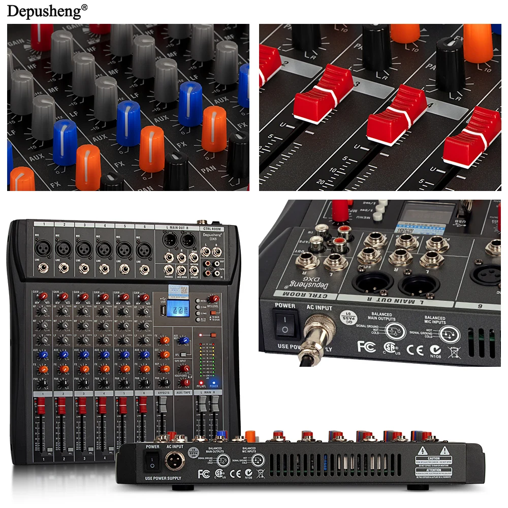 Professional Audio Mixer Depusheng DX6 6Channel Sound Board Console with Bluetooth USB PC Recording Input 48V POWER