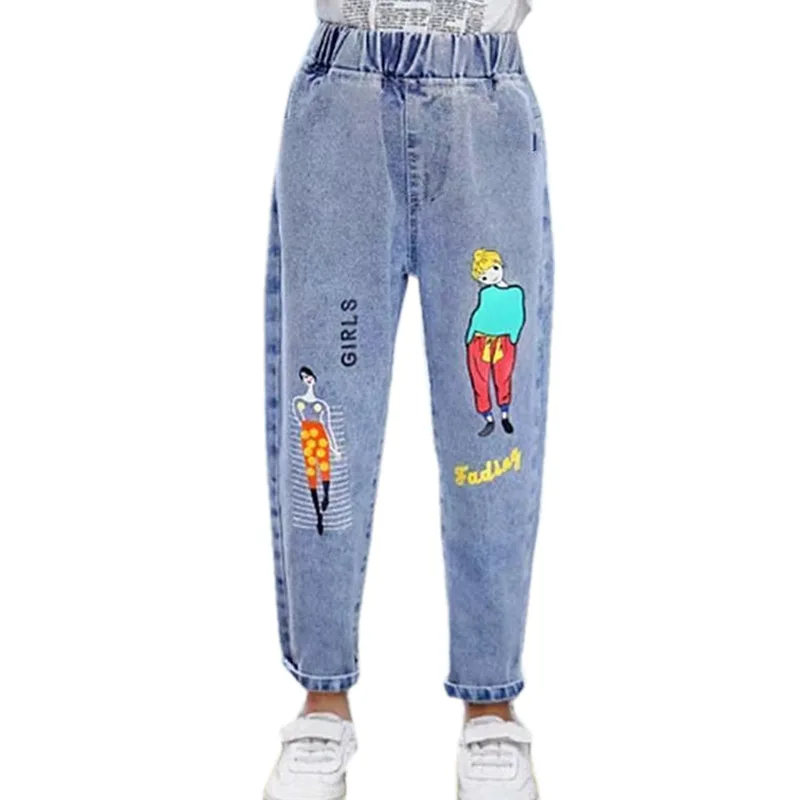 2022 Fashion Cartoon Jeans for Girls Teenage Children Jeans Elastic Waist Denim Pants Kids Trousers for Girls Kids Clothes 4-13T