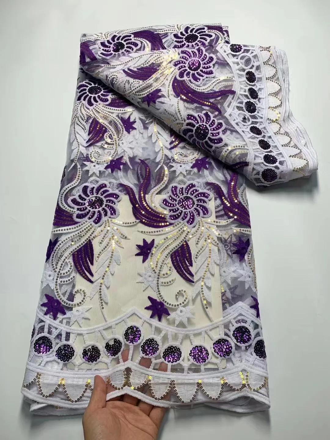 

African Embroidery Cord Lace Fabric With Sequins 2023 High Quality Nigerian 5 Yards Guipure Cord Lace Fabric For Elegant Party 2