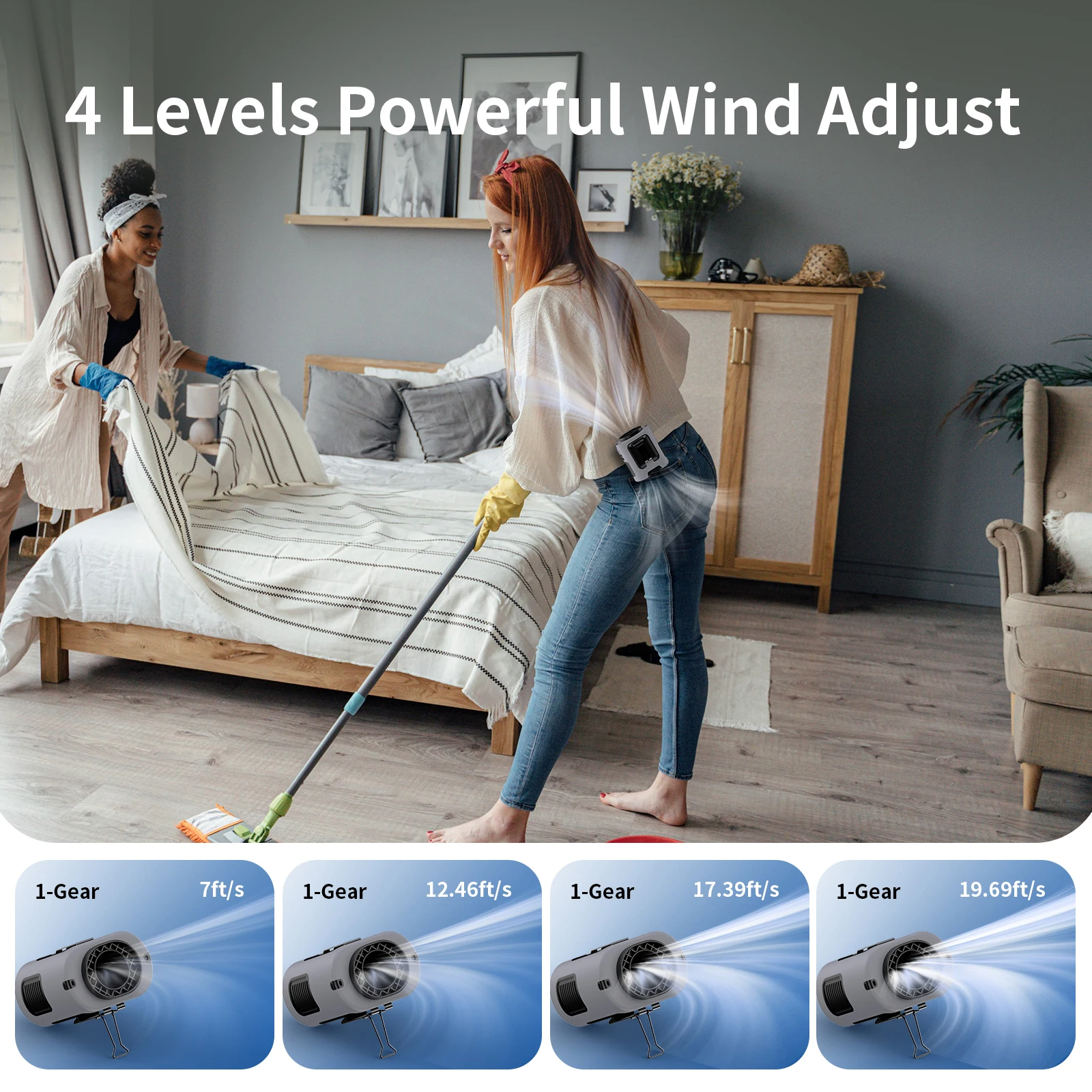 Mini Waist Fan 5000mAh Portable Hanging Neck Fan 13000RPM 4 Speeds Strong Wind with Power Bank LED Lighting for Outdoor Working