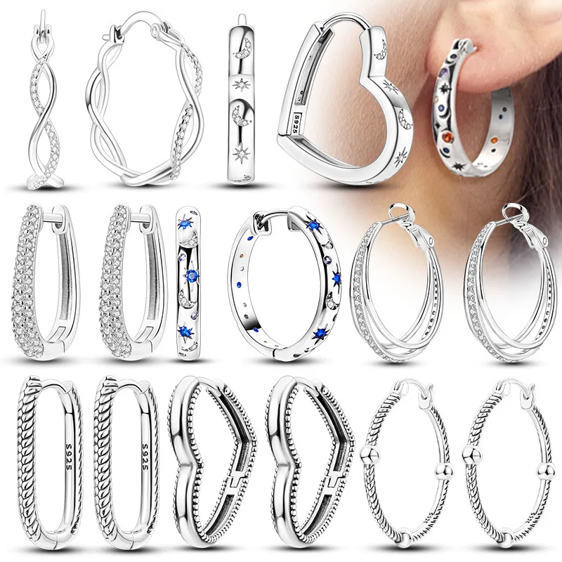 Original 925 Sterling Silver Hoop Earrings Luxury Square Circle Heart Hoop Earrings For Women Girl Party Wedding Jewelry Gifts
