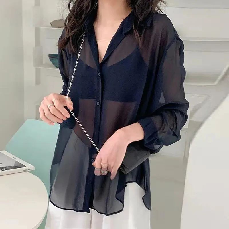 

Jmprs Chiffon Fashion Women Simple Shirt Sexy Perspective Office Lady Sun Proof Casual Top Elegant Ice Silk Korean Blouse Chic