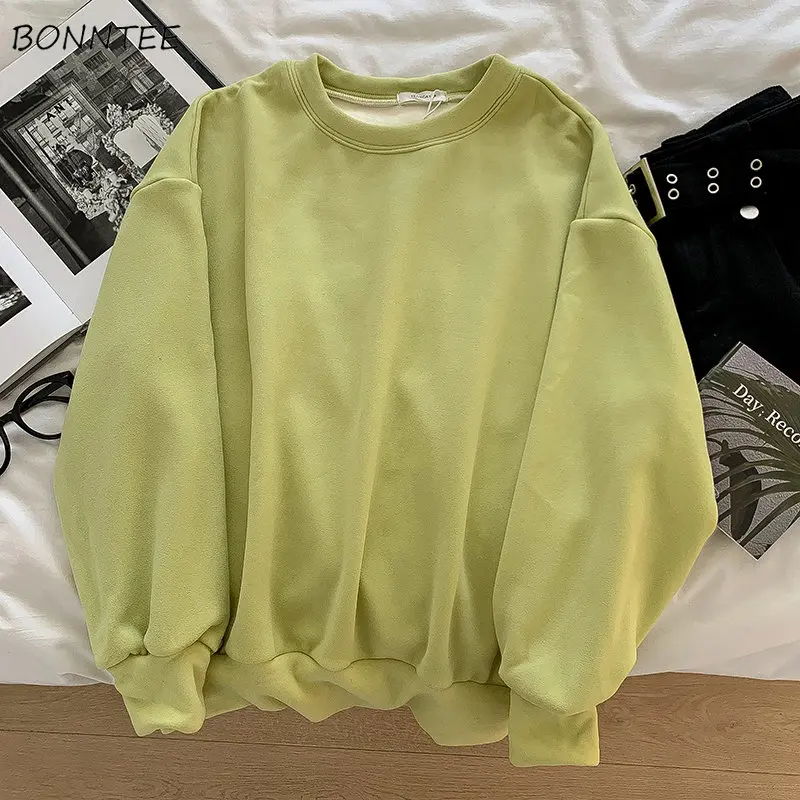 

Sweatshirts Women Green O-neck Minimalist Pure Color Girlish Korean Fashion Clothes Sudaderas Preppy Hipsters Baggy Basics Cozy