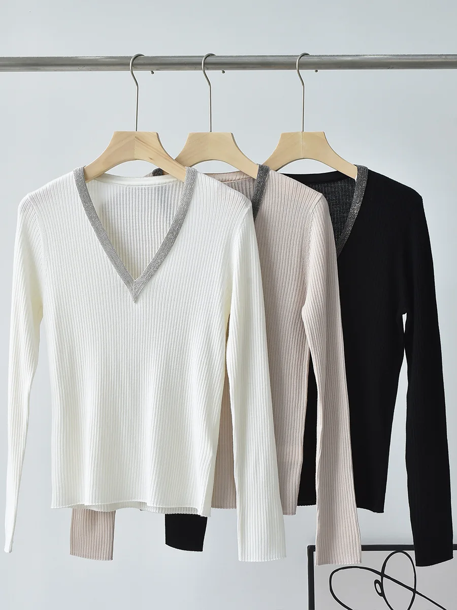 

Women'S Sweater Autumn B/C New Wool Sweater V-Neck Bead Chain Splicing Thin And Slim Elastic Long-Sleeved Knitted Top Female