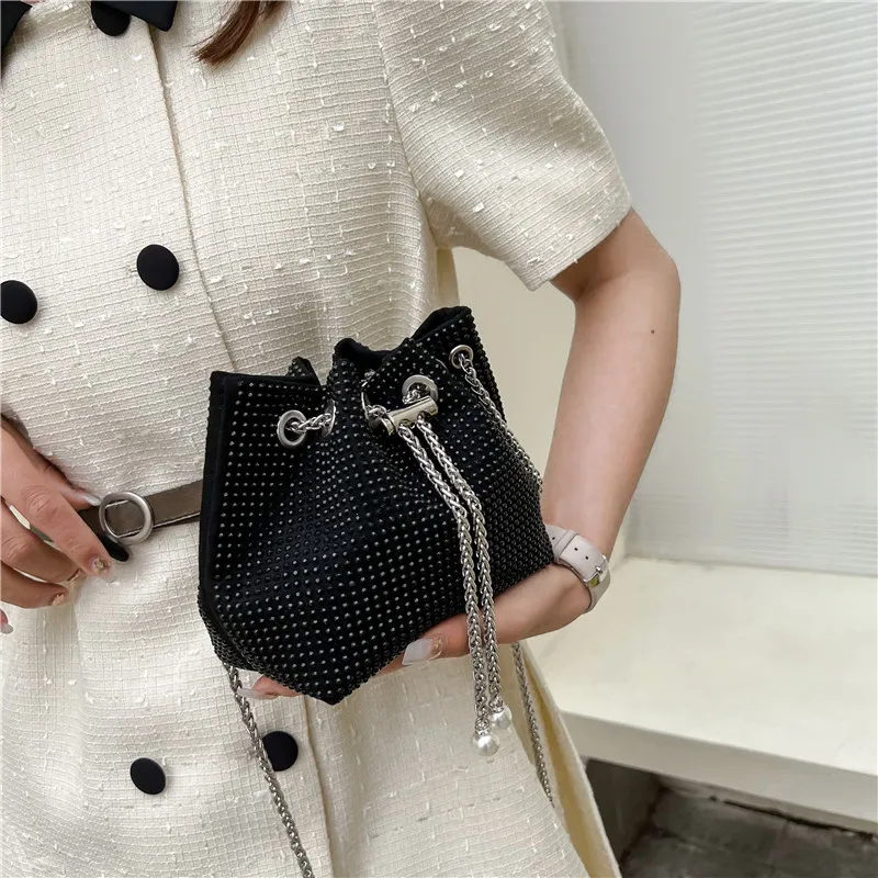 New Bag Women's Trend Mini Bucket Inlaid Diamond Bag Fashion Chain Shoulder Bag Drawstring Versatile Crossbody Bag