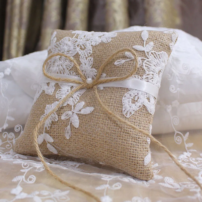 Lace Bow Ring Pillow Vintage Photo Props for Wedding Engagement Decoration Jewelry Rings Cushion Vintage Burlap Jute Cushion dainty female white crystal stone ring vintage blue zircon silver wedding rings for women cute bridal triangle engagement ring