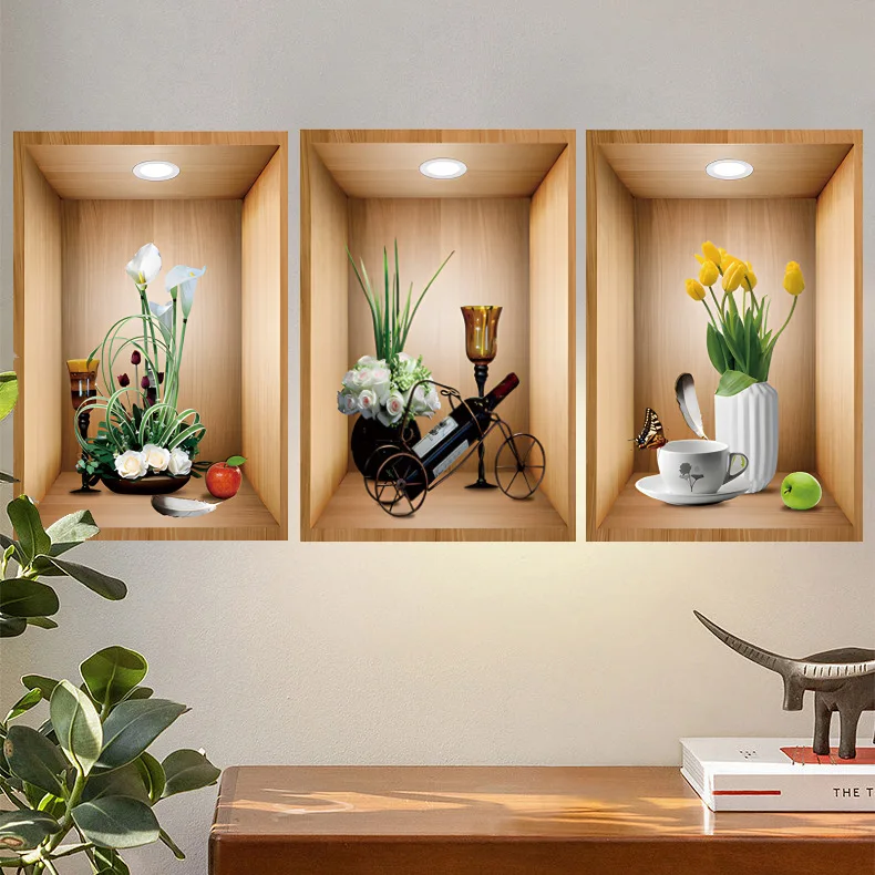3pc/set greet potted plants wall sticker home decoration living room self adhesive 3d vase wall decal