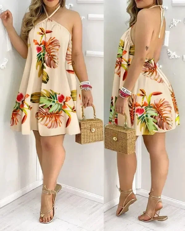 

2024 New Tropical Print Halter Neck Dress, Vacation Style Backless Dress for Spring & Summer, Women's Clothing