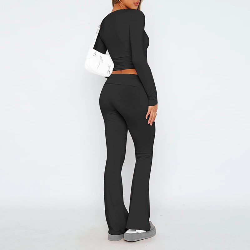 Women's Cotton 2 Piece Loungewear Fold-over Yoga Pants Set Long Sleeve Cropped Top Casual Outfits Pajamas Two Piece Sets
