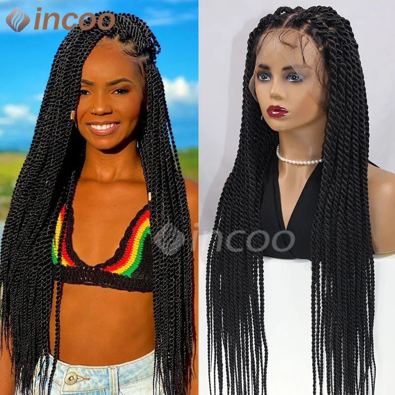 

36" Full Double Lace Front Square Knotless Passion Twist Senegalese Twist Braids Wig With Baby Hair For Women Spring Twisted Wig