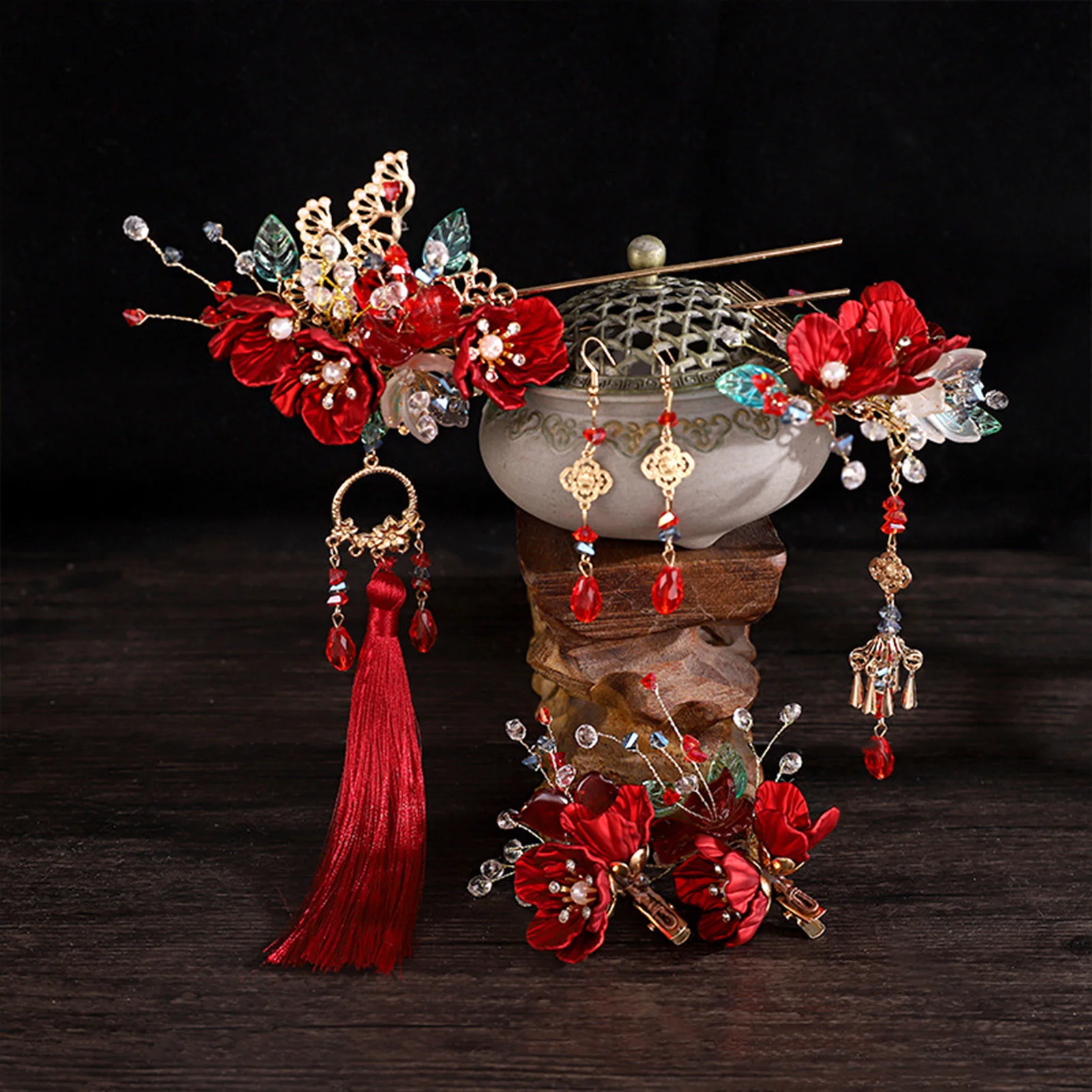 Vintage Rote Blume Haarnadeln Quaste Haarspange Kopfschmuck Schmuck Chinesische Hanfu Haarschmuck Kleid Kopfschmuck Haarspangen Geschenk – Detail 5