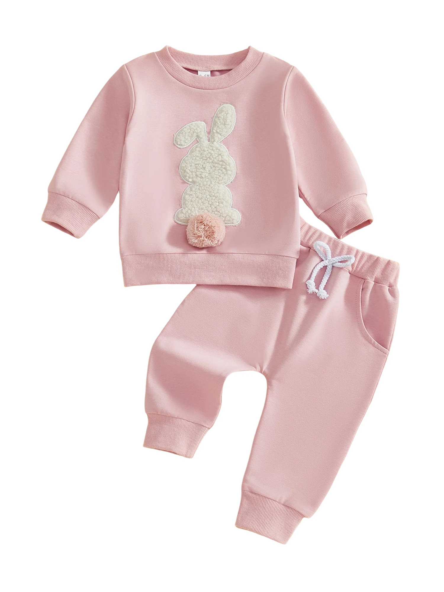 Adorable Baby Girl Boy Easter Outfit with Long Sleeve Crew Neck Bunny Embroidery Sweatshirt and Elastic Waist Pants Set for