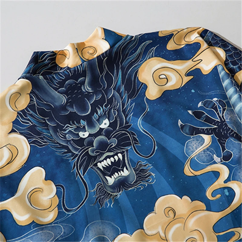 Casual Blue Haori Cartoon Dragon Print Chinese Style Shirts Coat Women Men Yukata Cardigan Kimono Summer Japanese Traditional